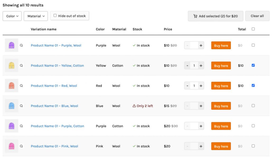 WooCommerce Variations Table